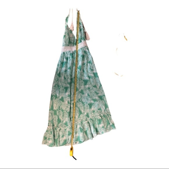 Green white floral open back halter beach cover up crochet maxi dress size small - Picture 14 of 16